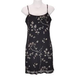 Vintage Byer Too California Mini Slip Dress Strappy Black Floral Print Womens M